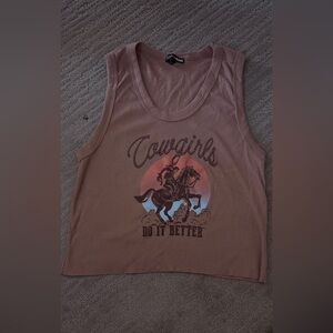 Fashion Nova Cowgirls Graphic Ribbed Tank - Dusty Mauve with Pink & Blue Sunset
